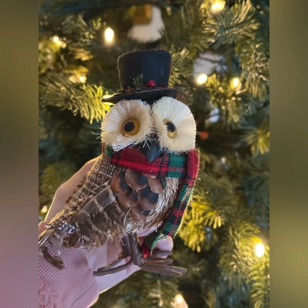 Vintage 1997 Festive Owl Decoration with Plaid Scarf